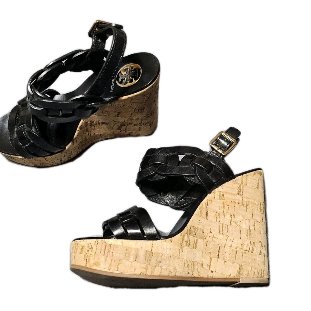 Tory Burch Shoes Womens Size 6 Black Cork Wedge Open Toe Sandals Shoes - Picture 4 of 12
